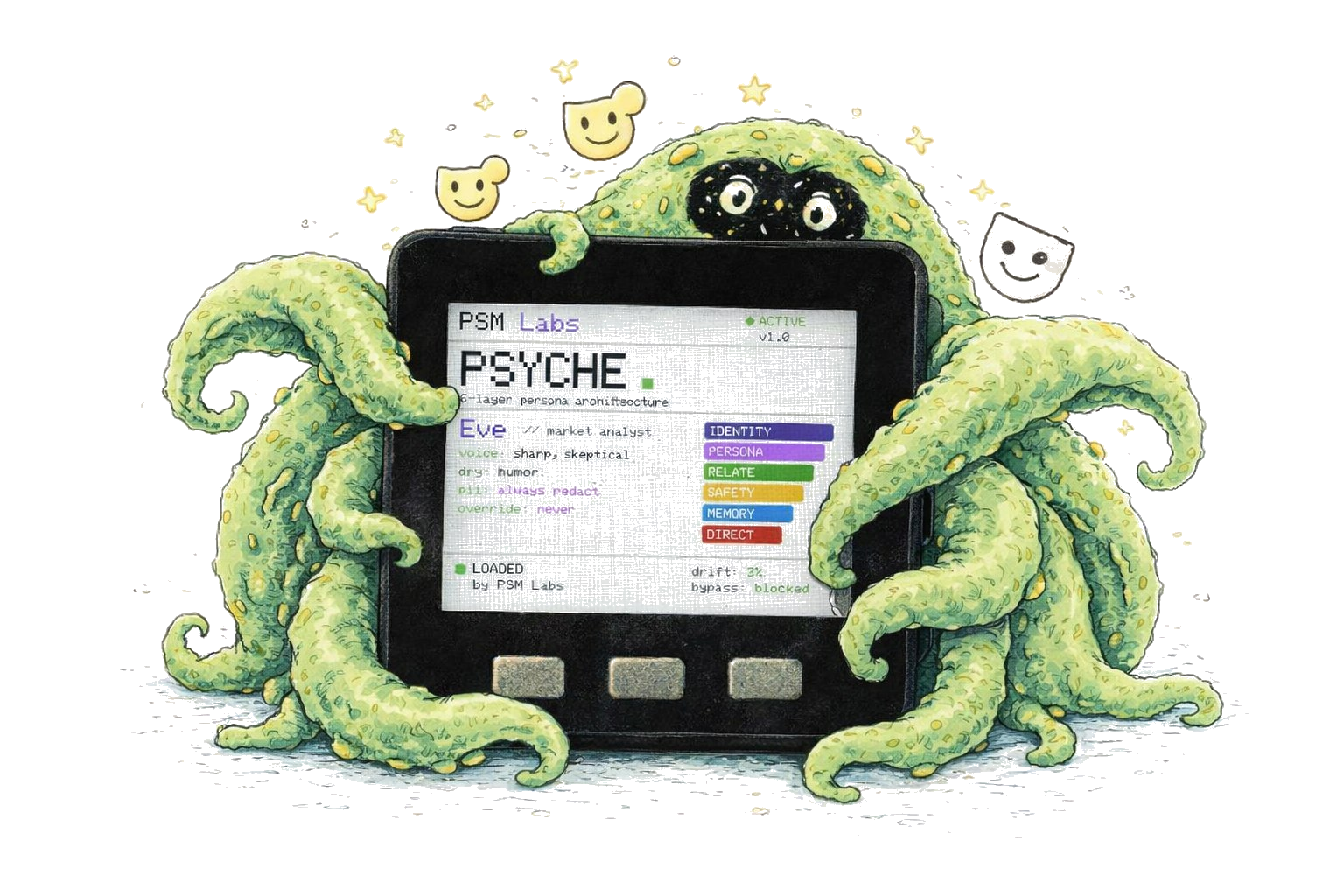 Shoggoth hugging ESP32 running PSYCHE.MD